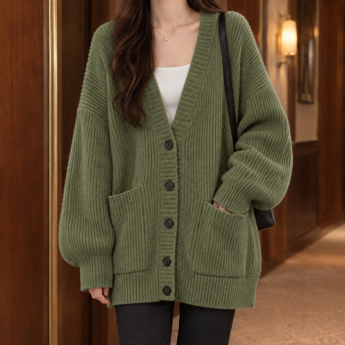 Ines-Faye Ribbed Women's Cardigan - Military Green