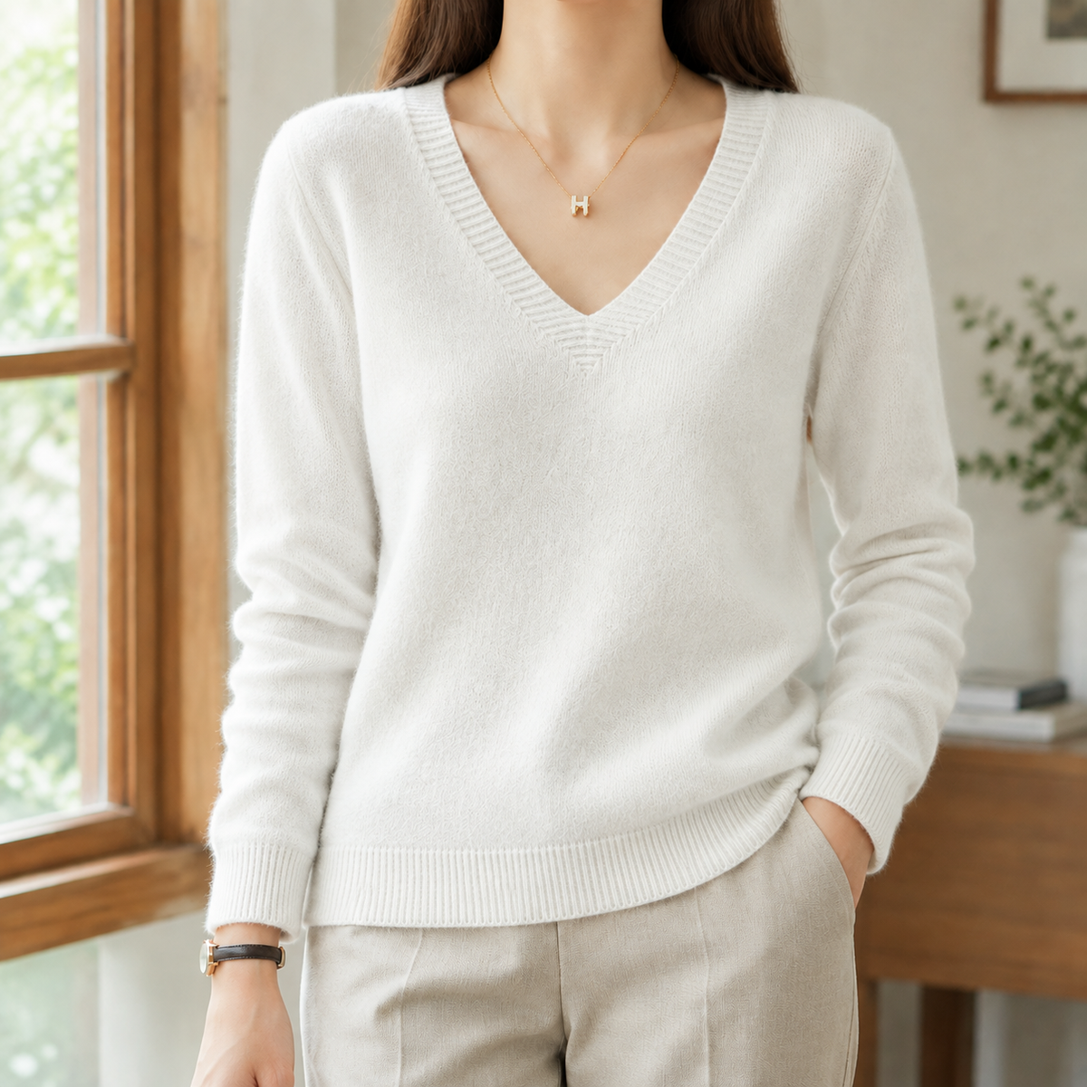 Evadne V Neck Women's Sweater - White
