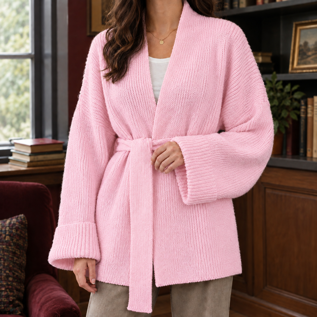 Michelle-Jade Belted Women's Cardigan - Pink
