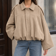 Women’s Collared Suede Bubble-Hem Bomber Jacket in Khaki