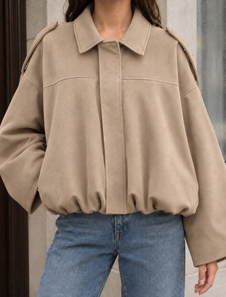 Women’s Collared Suede Bubble-Hem Bomber Jacket in Khaki