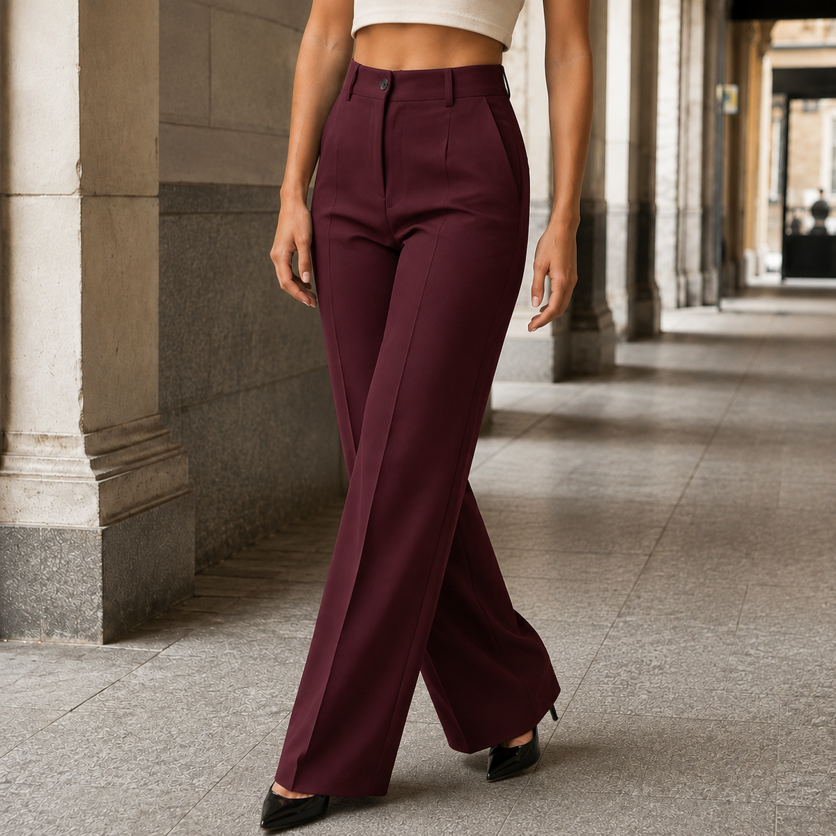 Women’s High-Waisted Full-Length Tailored Wide-Leg Trousers in Wine Red