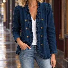 Women’s Cotton-Blend Ruffle-Trim Denim Jacket in Dark Blue