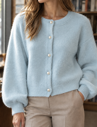 Women’s Pearl-Effect Button Knit Cardigan in Light Blue