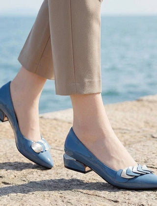 Women’s Layered-Vamp Pointed Low Block Heels in Blue