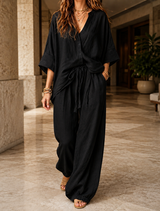 Women’s Batwing Button-Front Top and Cuffed Trouser Set in Black