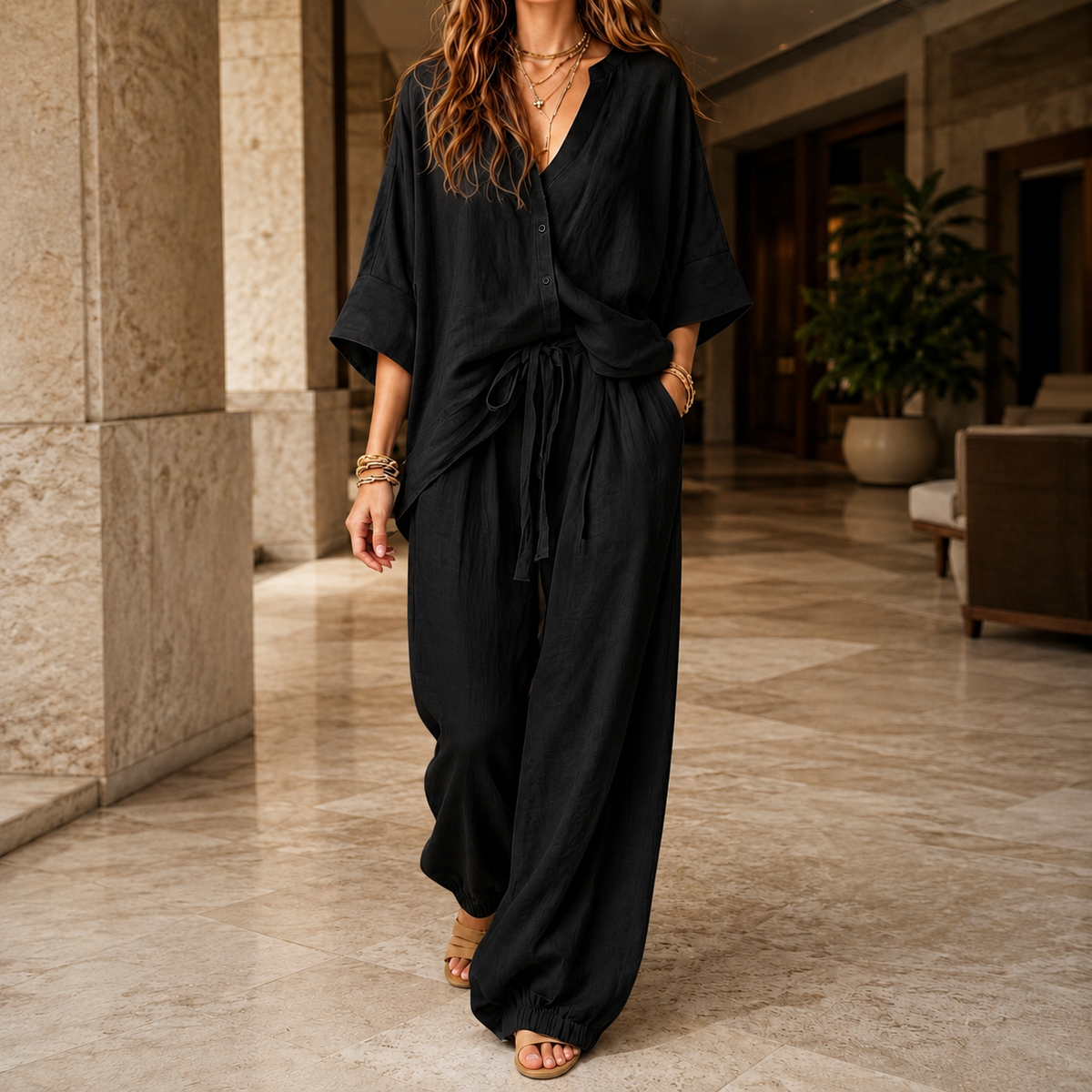 Women’s Batwing Button-Front Top and Cuffed Trouser Set in Black
