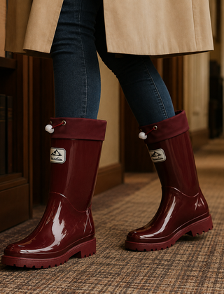 Women’s Drawstring-Cuff Knee-High Rubber Boots in Burgundy
