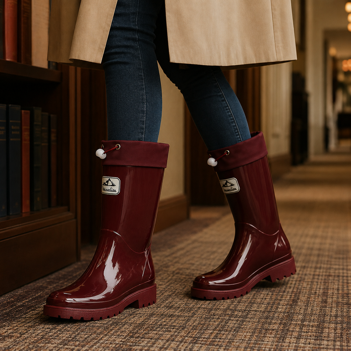 Women’s Drawstring-Cuff Knee-High Rubber Boots in Burgundy