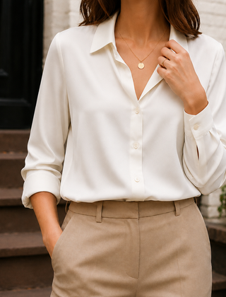 Women’s Long-Sleeve Satin Button-Front Blouse in White