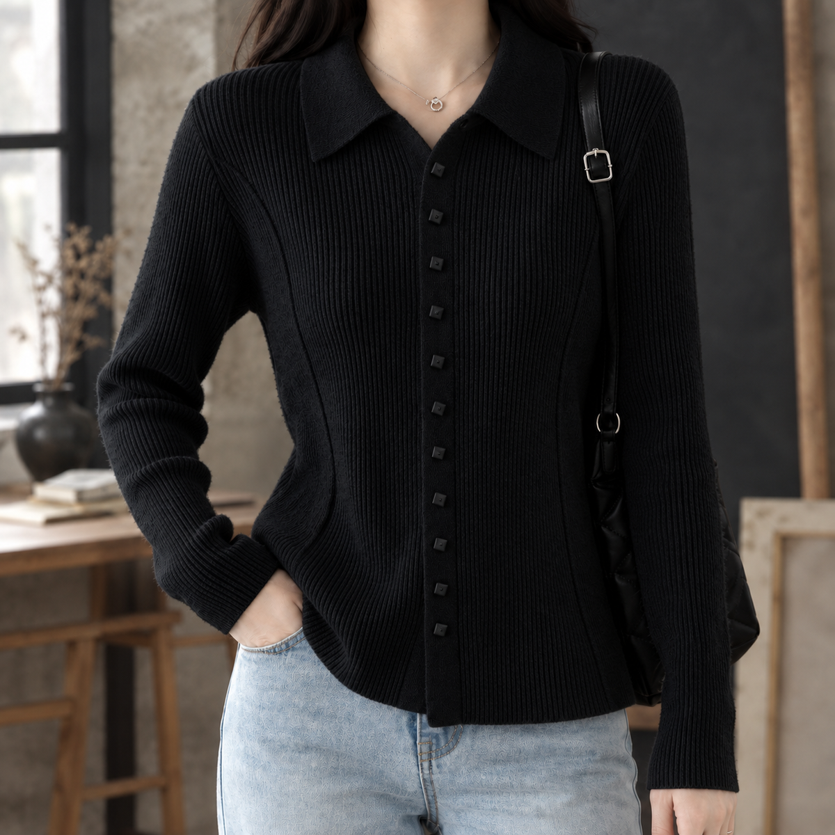 Fiona-Grace Ribbed Women's Cardigan - Black