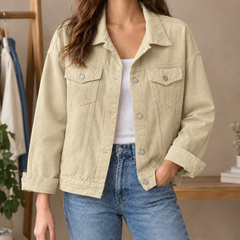 Women’s Cotton-Blend Four-Pocket Denim Jacket in Beige