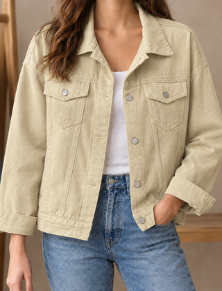 Women’s Cotton-Blend Four-Pocket Denim Jacket in Beige