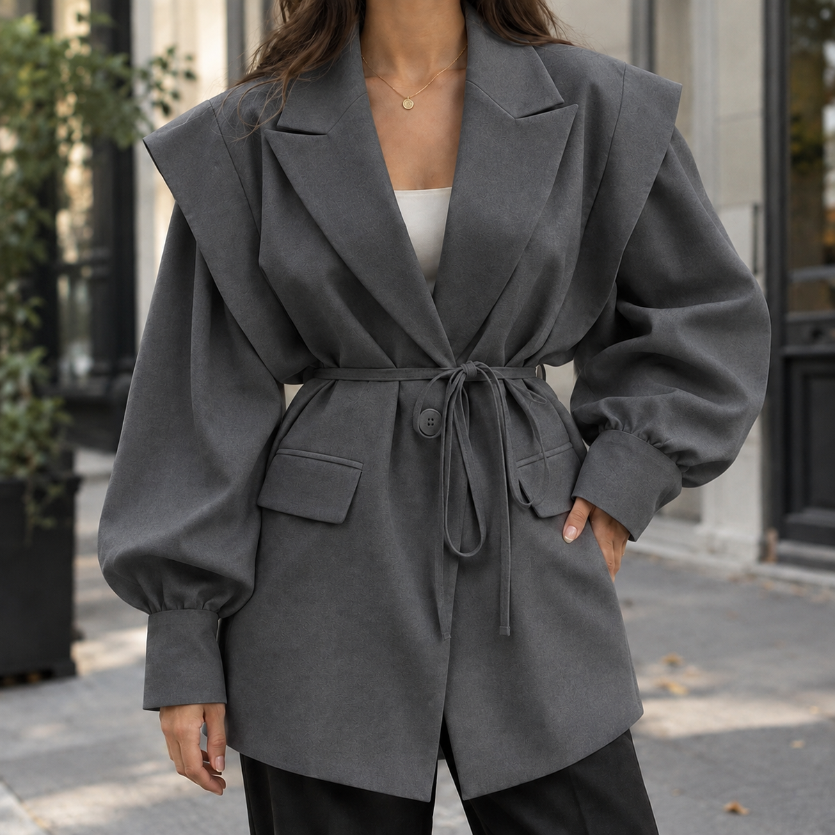 Women’s Belted Sculpted-Shoulder Woven Jacket in Grey