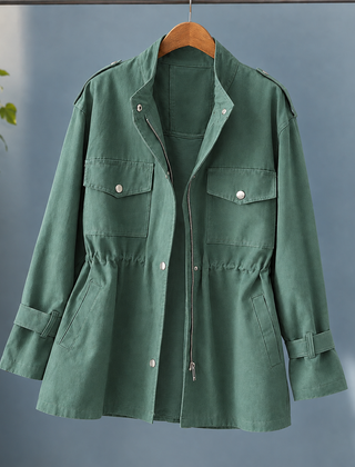 Women’s Drawstring-Waist Four-Pocket Utility Jacket in Green