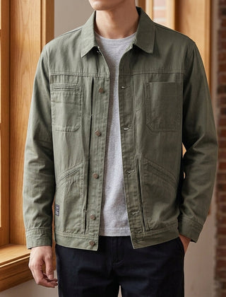 Men’s Four-Pocket Denim Utility Jacket in Army Green