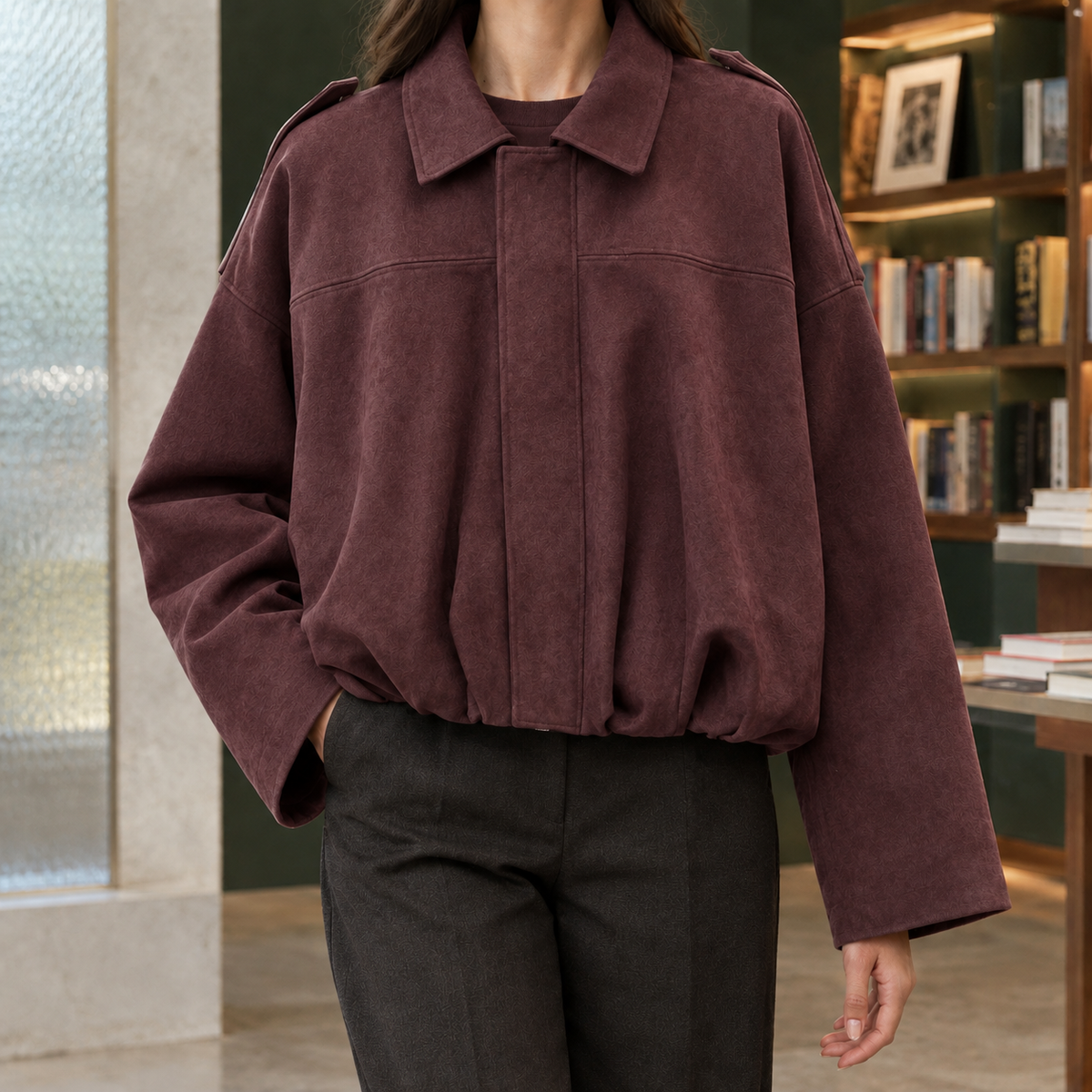 Jocasta-Skye Suede Bomber Women's Jacket - Burgundy