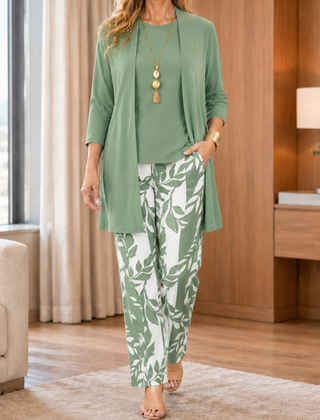 Women’s Three-Piece Longline Cardigan and Trouser Set in Green White