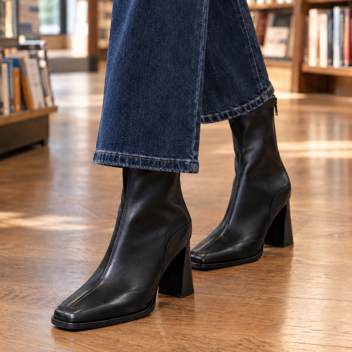 Women’s Square-Toe Flared-Heel Zip Ankle Boots in Black