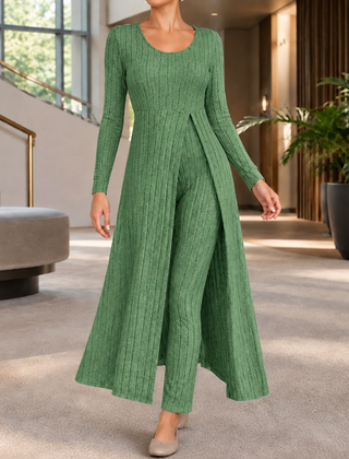 Women’s Ribbed Longline Split Top and Straight-Leg Trouser Set in Green
