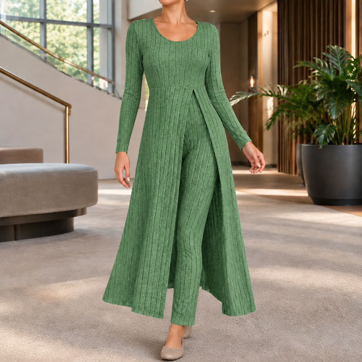 Women’s Ribbed Longline Split Top and Straight-Leg Trouser Set in Green