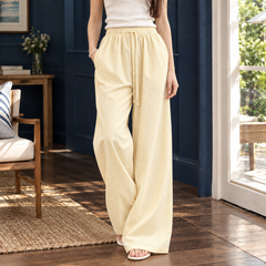Women’s Striped Drawstring Floor-Length Wide-Leg Trousers in Yellow