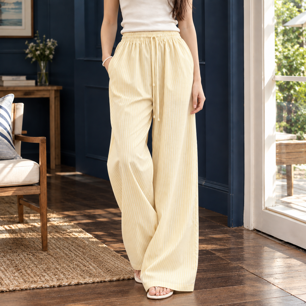 Women’s Striped Drawstring Floor-Length Wide-Leg Trousers in Yellow