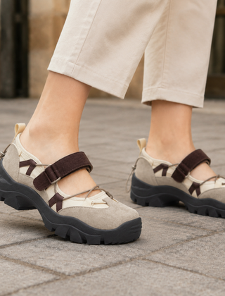 Women’s Cross-Lace Lug-Sole Mary Jane Shoes in Beige