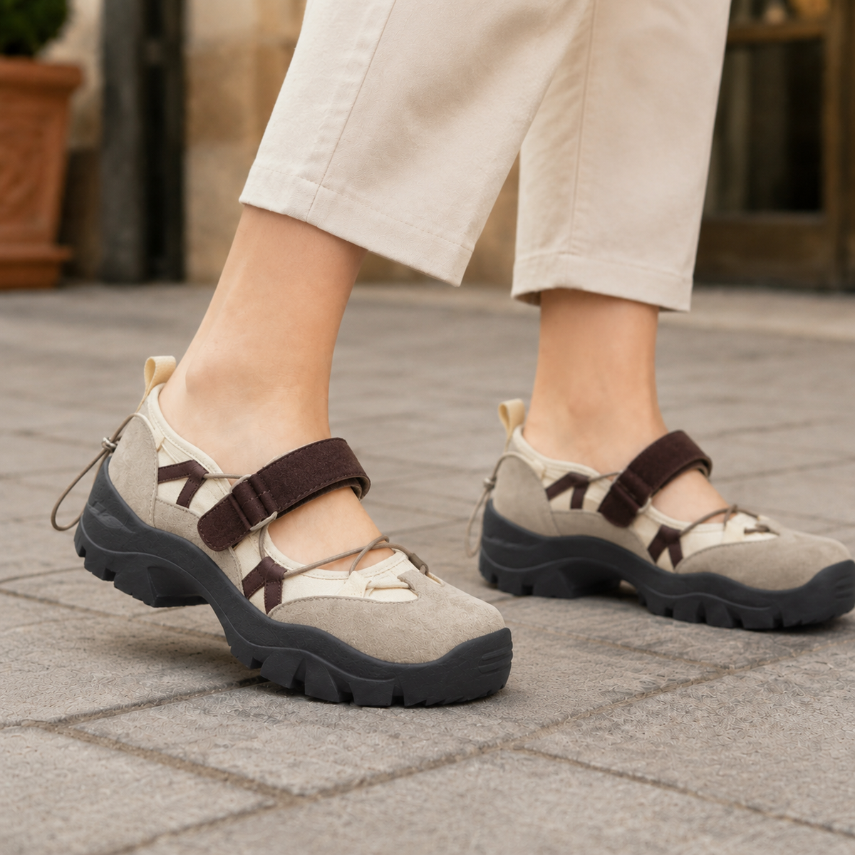 Women’s Cross-Lace Lug-Sole Mary Jane Shoes in Beige