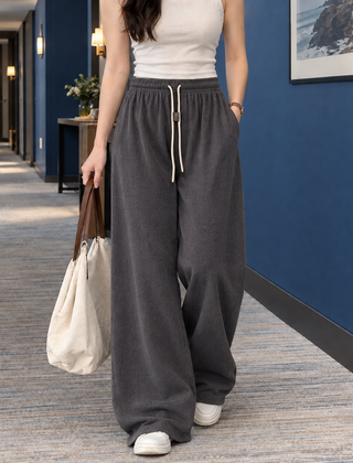 Women’s Fine-Rib Drawstring Full-Length Wide-Leg Trousers in Grey