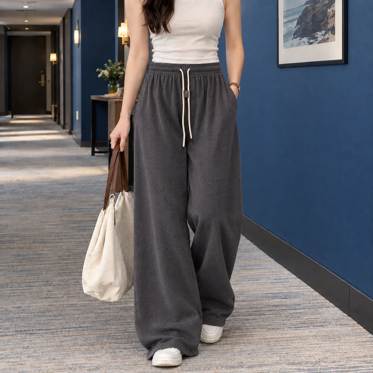 Women’s Fine-Rib Drawstring Full-Length Wide-Leg Trousers in Grey