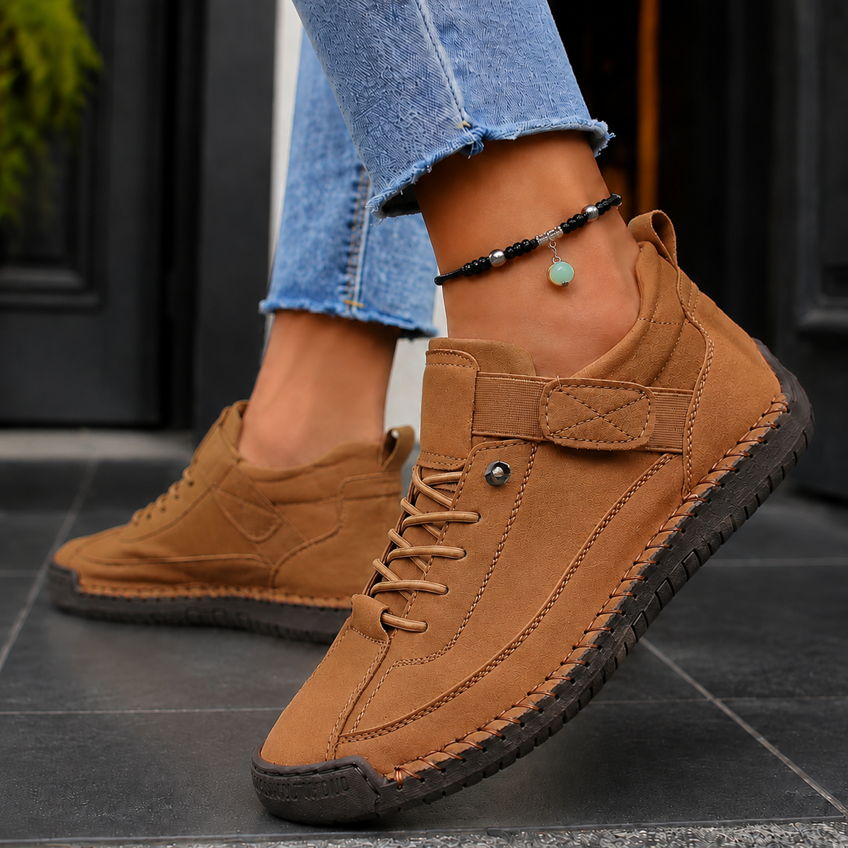 Women’s Strap-Fastening Elastic-Lace Casual Trainers in Khaki
