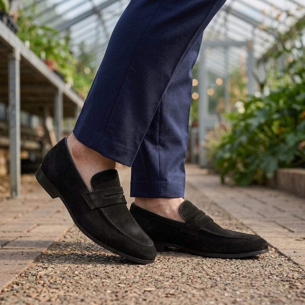 Men’s Suede-Effect Apron-Seam Penny Loafers in Black