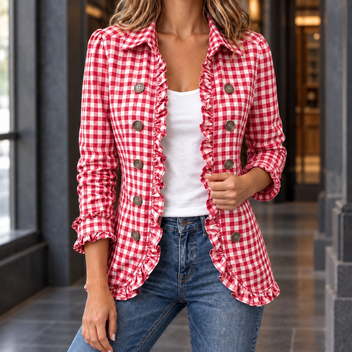 Women’s Gingham Ruffle-Trim Shaped Jacket in Watermelon Red