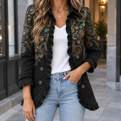 Jemima-Grace Ruffle Women's Jacket - Black Paisley
