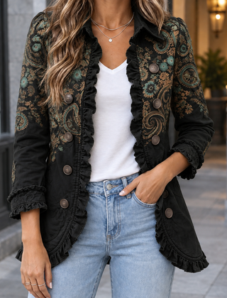 Jemima-Grace Ruffle Women's Jacket - Black Paisley