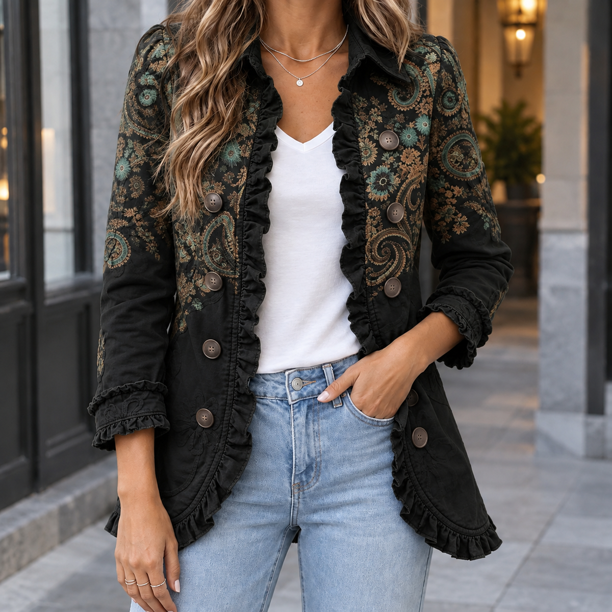Jemima-Grace Ruffle Women's Jacket - Black Paisley