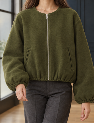 Ophelia-June Balloon Sleeve Women's Jacket - Army Green