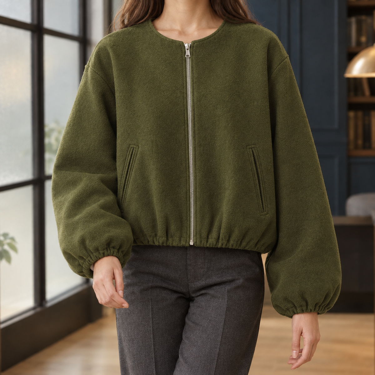 Ophelia-June Balloon Sleeve Women's Jacket - Army Green