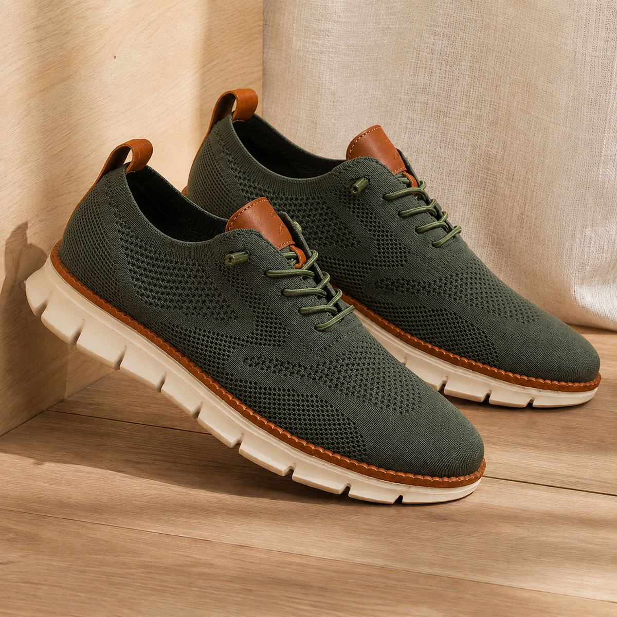 Women’s Knit Elastic-Lace Everyday Trainers in Olive