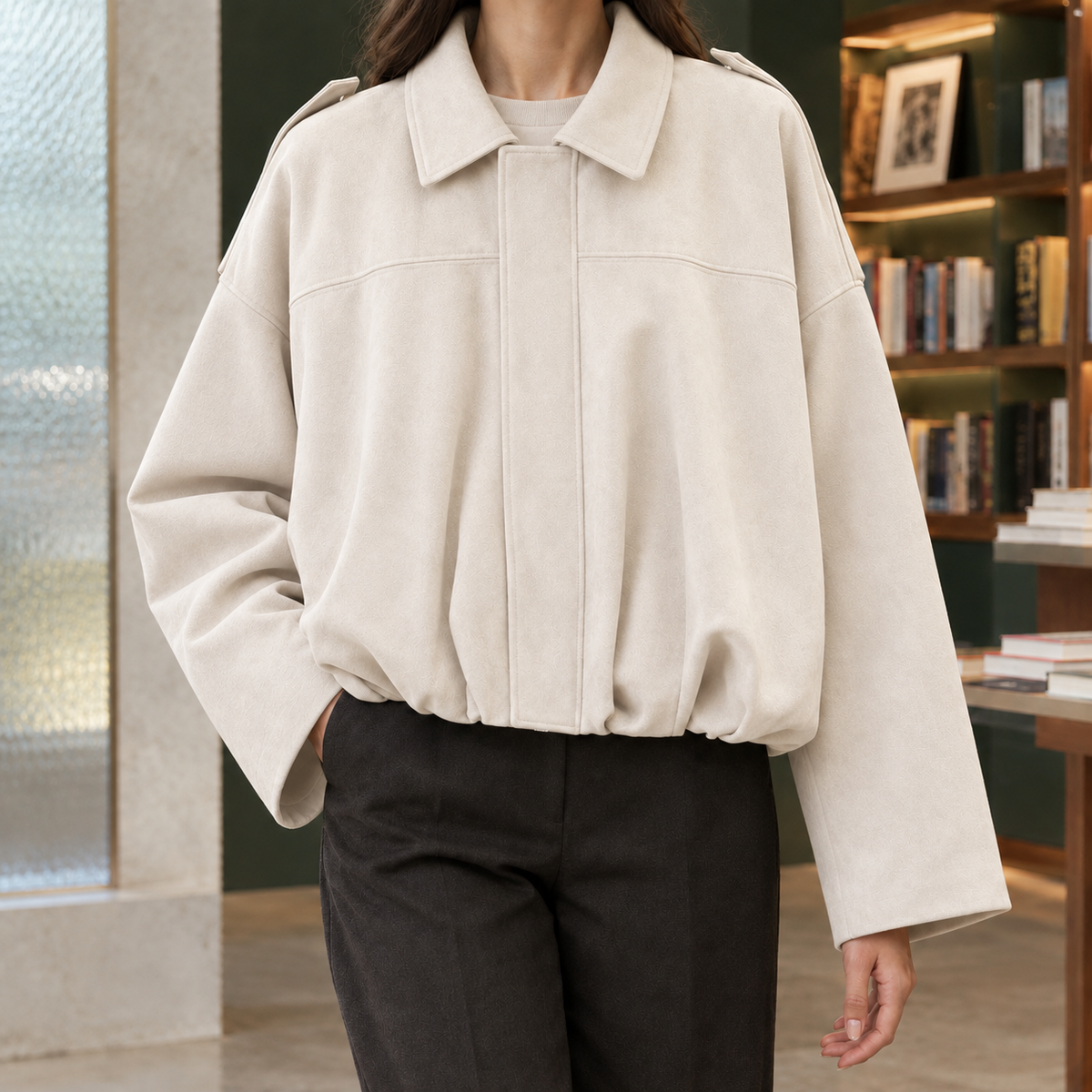Jocasta-Skye Suede Bomber Women's Jacket - Cream White