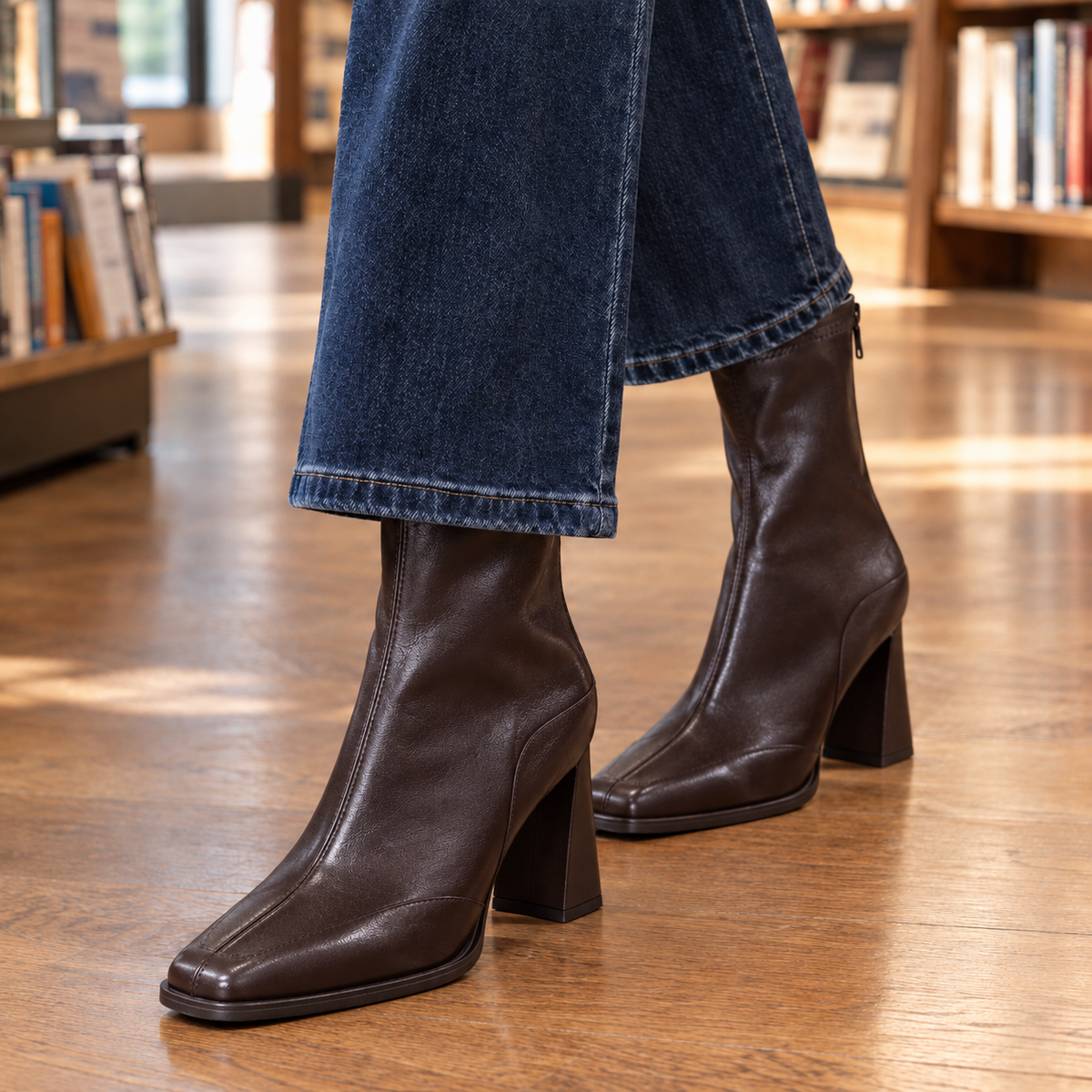 Women’s Square-Toe Flared-Heel Zip Ankle Boots in Brown