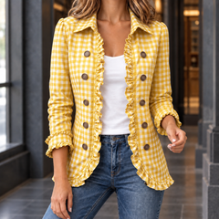 Women’s Gingham Ruffle-Trim Shaped Jacket in Yellow