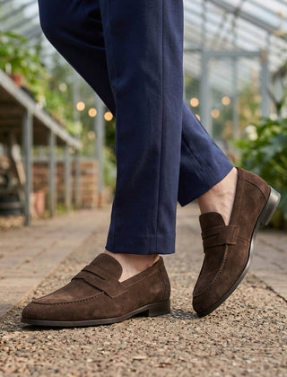 Men’s Suede-Effect Apron-Seam Penny Loafers in Dark Brown