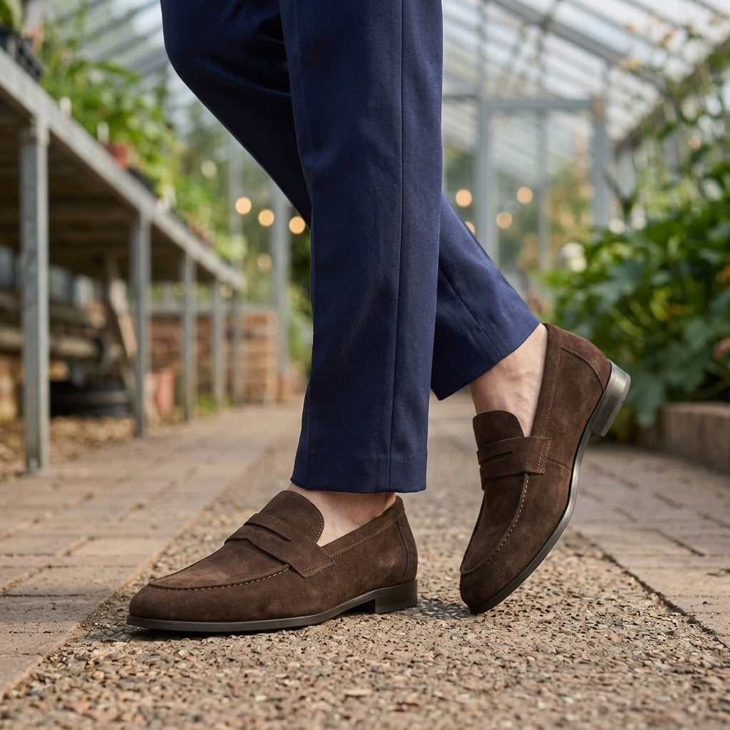 Men’s Suede-Effect Apron-Seam Penny Loafers in Dark Brown