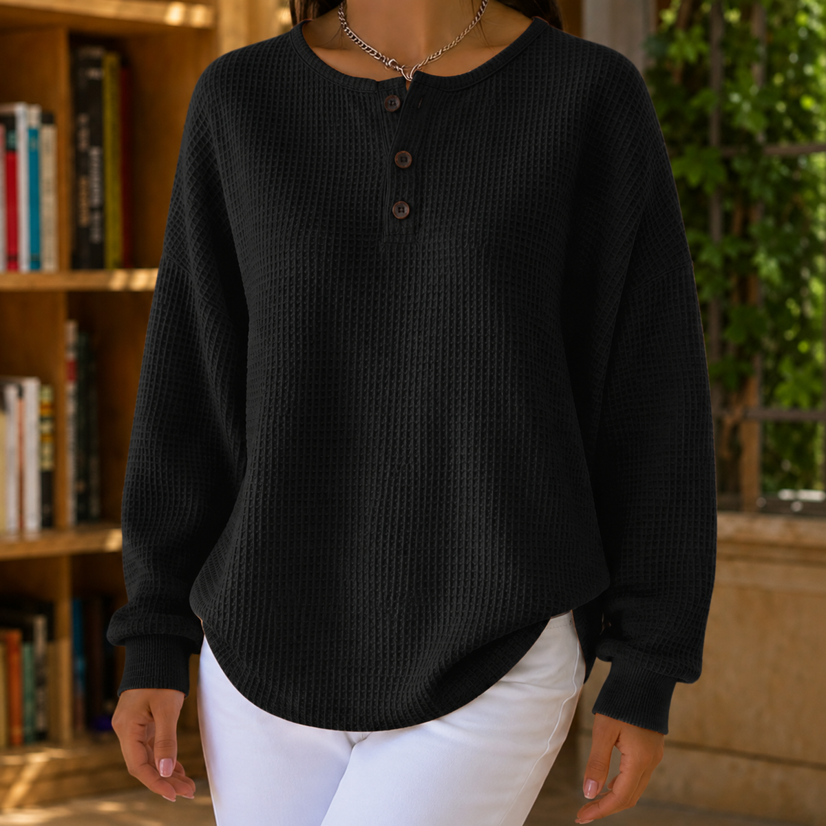 Women’s Waffle-Knit Henley Jumper in Black