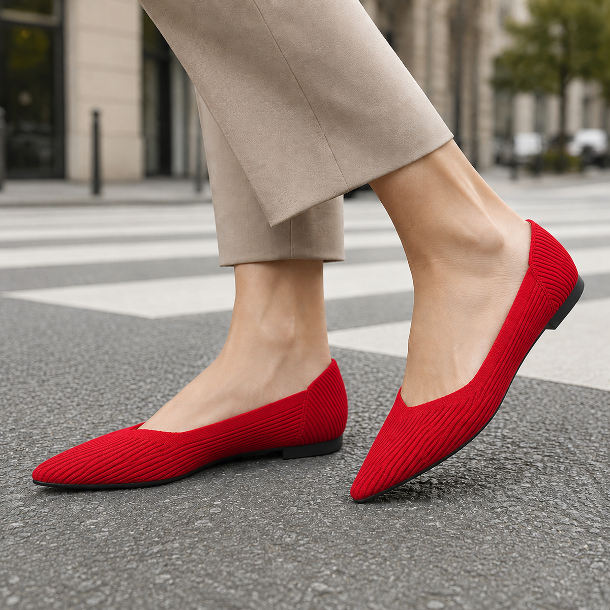 Women’s Ribbed Pointed-Toe Low-Heel Courts in Red