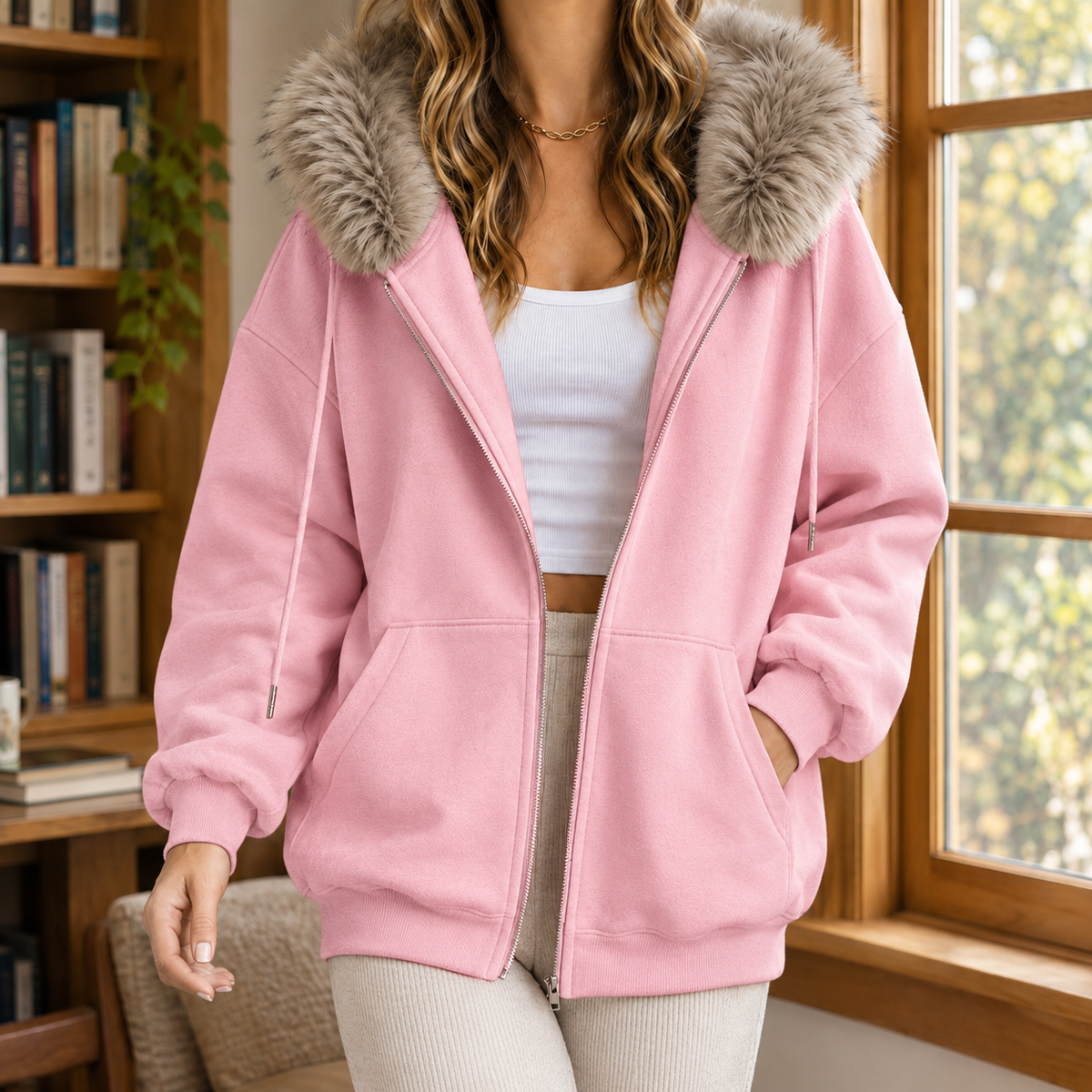 Ardith Plush Trim Women's Hoodie - Pink