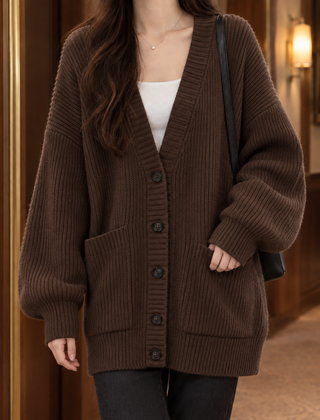 Ines-Faye Ribbed Women's Cardigan - Brown