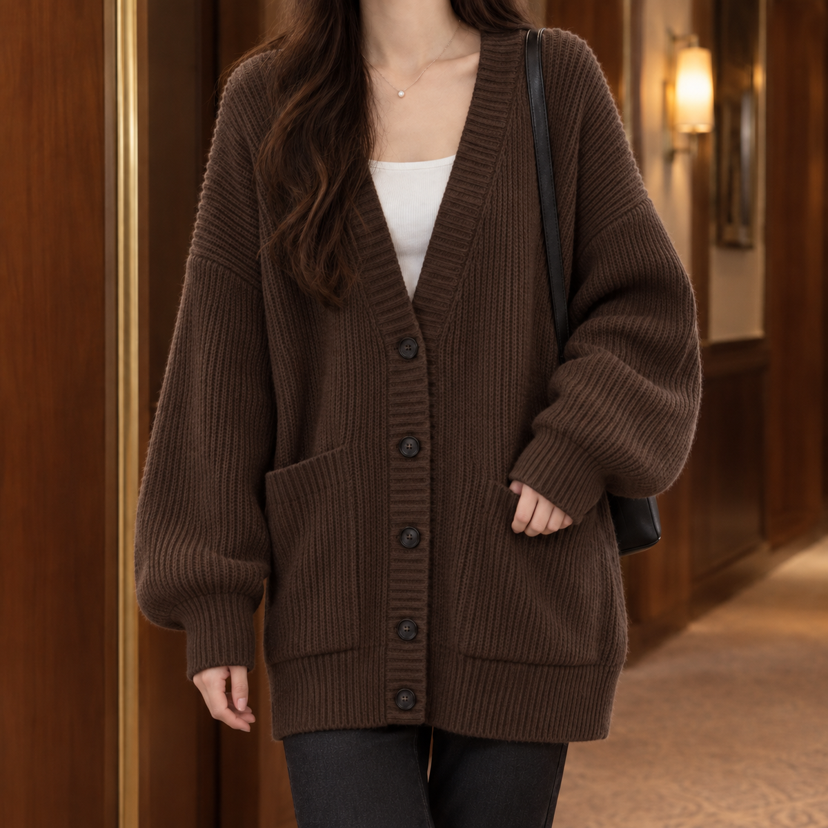 Ines-Faye Ribbed Women's Cardigan - Brown